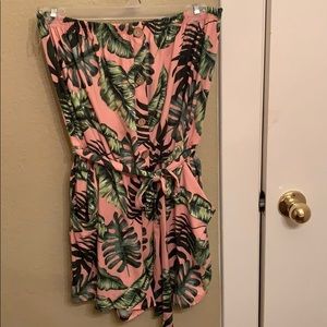 Pink and Palm Strapless Tropical Print Romper
